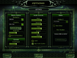 General settings menu (the expansion has an identical menu, with a different theme)