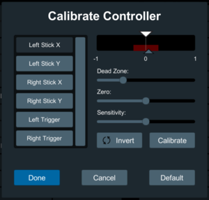 Controller calibration settings.