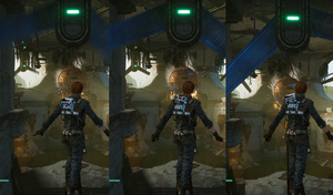 Screenshot showing object-based motion blur with the default, reduced and disabled setting.