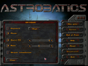 The sound settings of Astrobatics, including the mouse or keyboard control toggle and other options