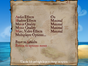 In-game video settings. Note: There is no multiplayer mode in the game. "Multiplayer Options..." is a joke.