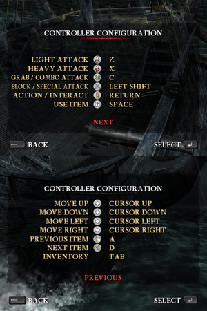 Controller configuration menu, with default keyboard controls pictured