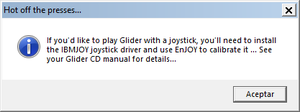 The installation program notifying users about how to get joystick support for the Windows 3.x version.