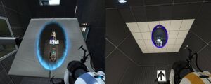Two players work together in Valve's Portal 2 using the game's split-screen feature.