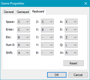 Keyboard key rebinding in game properties.