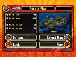 Hot-seat local multiplayer is limited to 1v1-only skirmishes. Match settings can be changed such as map, starting gold and gold gain per turn for each individual player.