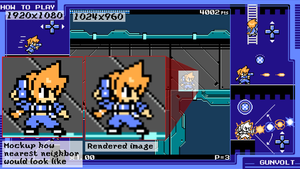 Example of game running with 1920x1080. Whole screen is used, game itself is withing 1024x960 5:3 aspect ratio window. Game is upscaled from lower resolution with Bilinear interpolation making image look blurry. On the left side, mockup how Nearest neighbor would look like.