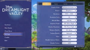 Graphics settings (as seen in the main menu). (As of version 1.3.0.6805, "New Game" is no longer an available main menu option for players with existing saves.)