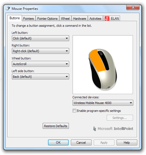 Rebinding mouse buttons using the Microsoft Mouse application.