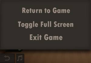 General settings. Showing menu accessed with Esc with fullscreen toggle and quit. Back button is always visible and music toggle is visible during gameplay.