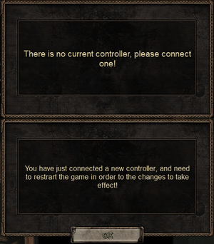 When removing controller with controller support enabled, the game requires one to be connected (top). If a controller is plugged in with controller support disabled or a new controller is detected a popup details that it won't be usable without restarting the game (bottom).