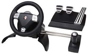 The Porsche 911 Turbo S wheel, with a H-partten shifter and a pedal set