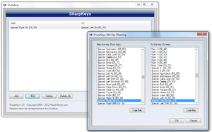 The SharpKeys user interface demonstrating a remap from RCtrl to LCtrl.