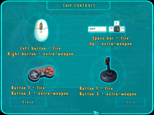 The help section of Atomaders 2 showing the controls for different kinds of game controllers, namely a mouse, keyboard, and controller, the controls are not possible to be remapped