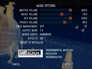 Audio settings, with hardware acceleration and EAX support.