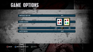 Options include the default buy-in percentage, whether diamonds and clubs are their original colors or blue and green, vibration, and auto-muck (showing what one's cards were if they folded before a showdown).